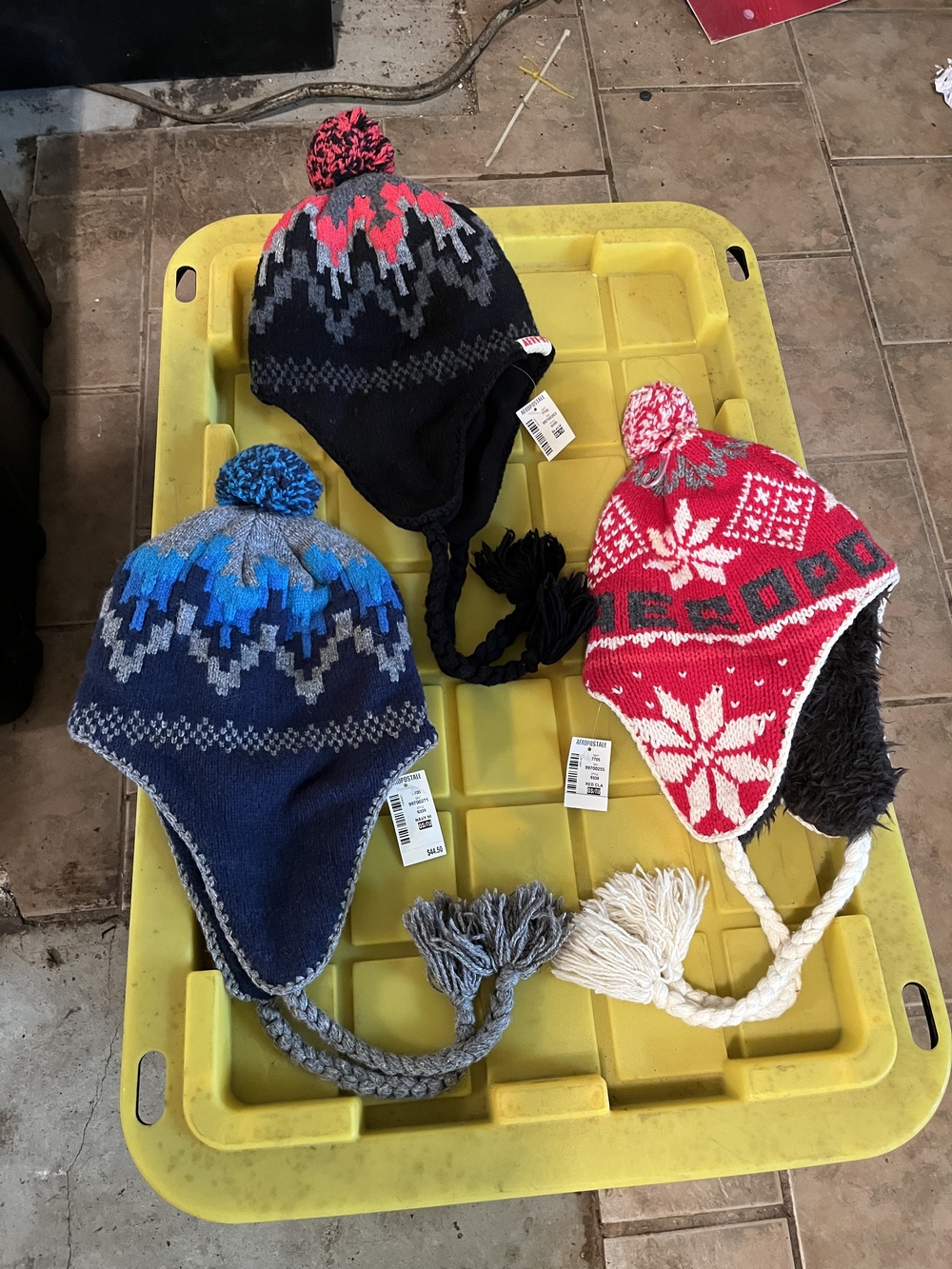Aeropostale Knit Earflap Pom Beanie Trio - Blue, Black & Red